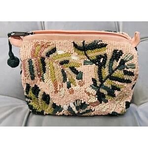 Anthropologie Pink Green Multi Beaded Clutch Cosmetic Bag